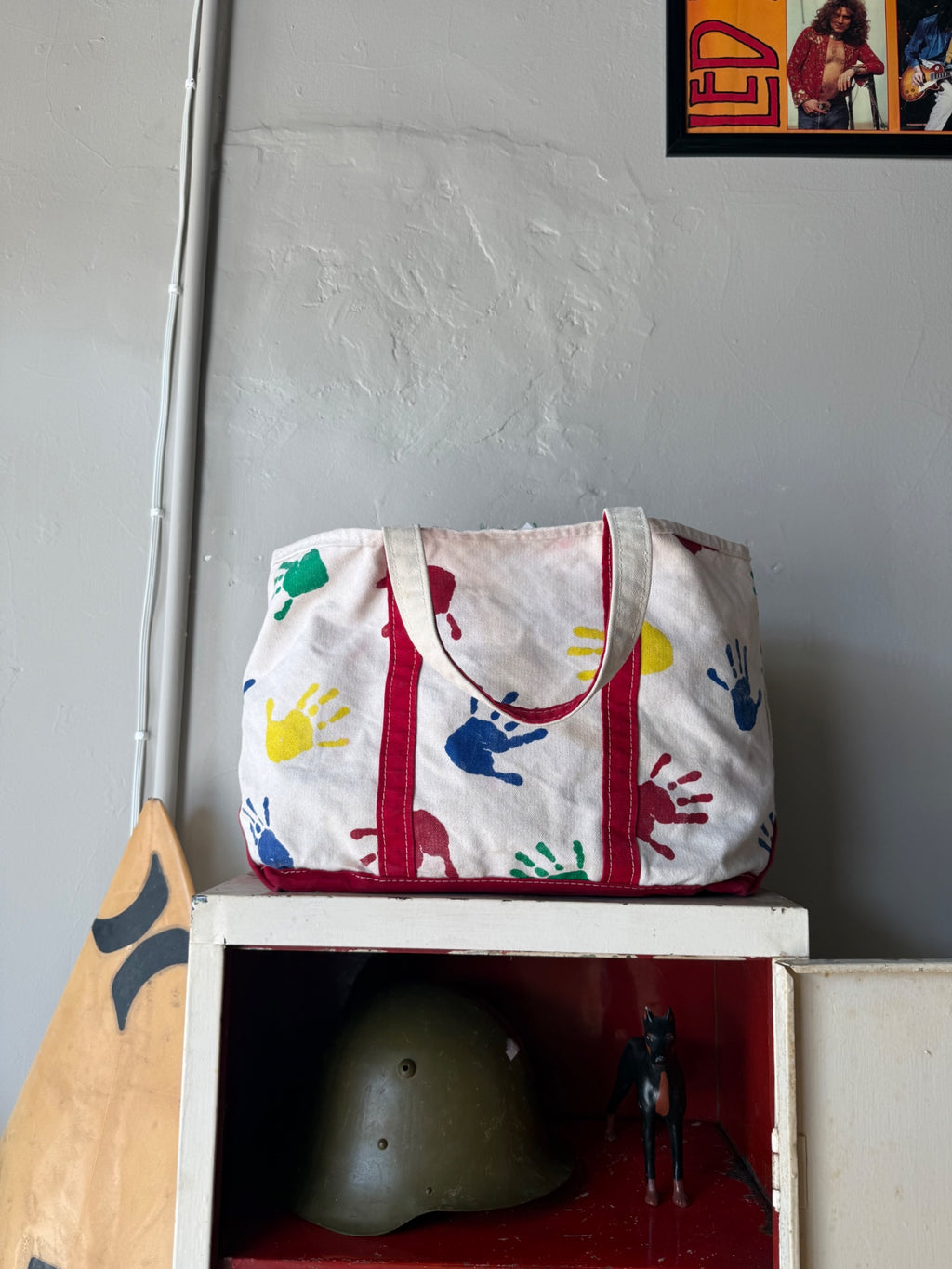 L.L Bean Bag M White with multicolor handprints (red, blue, yellow, green)