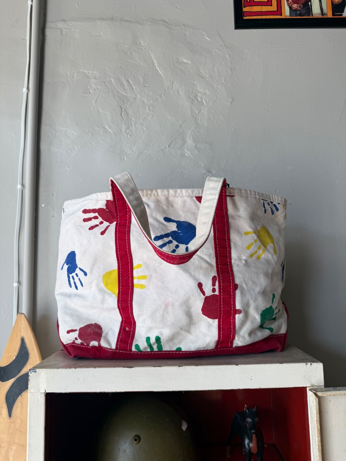 L.L Bean Bag M White with multicolor handprints (red, blue, yellow, green)