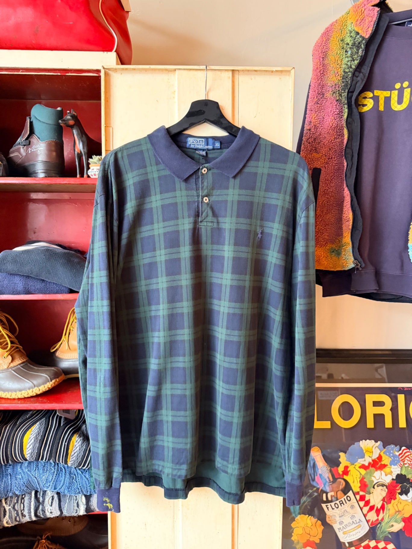 Green and Blue Plaid Polo LS XL