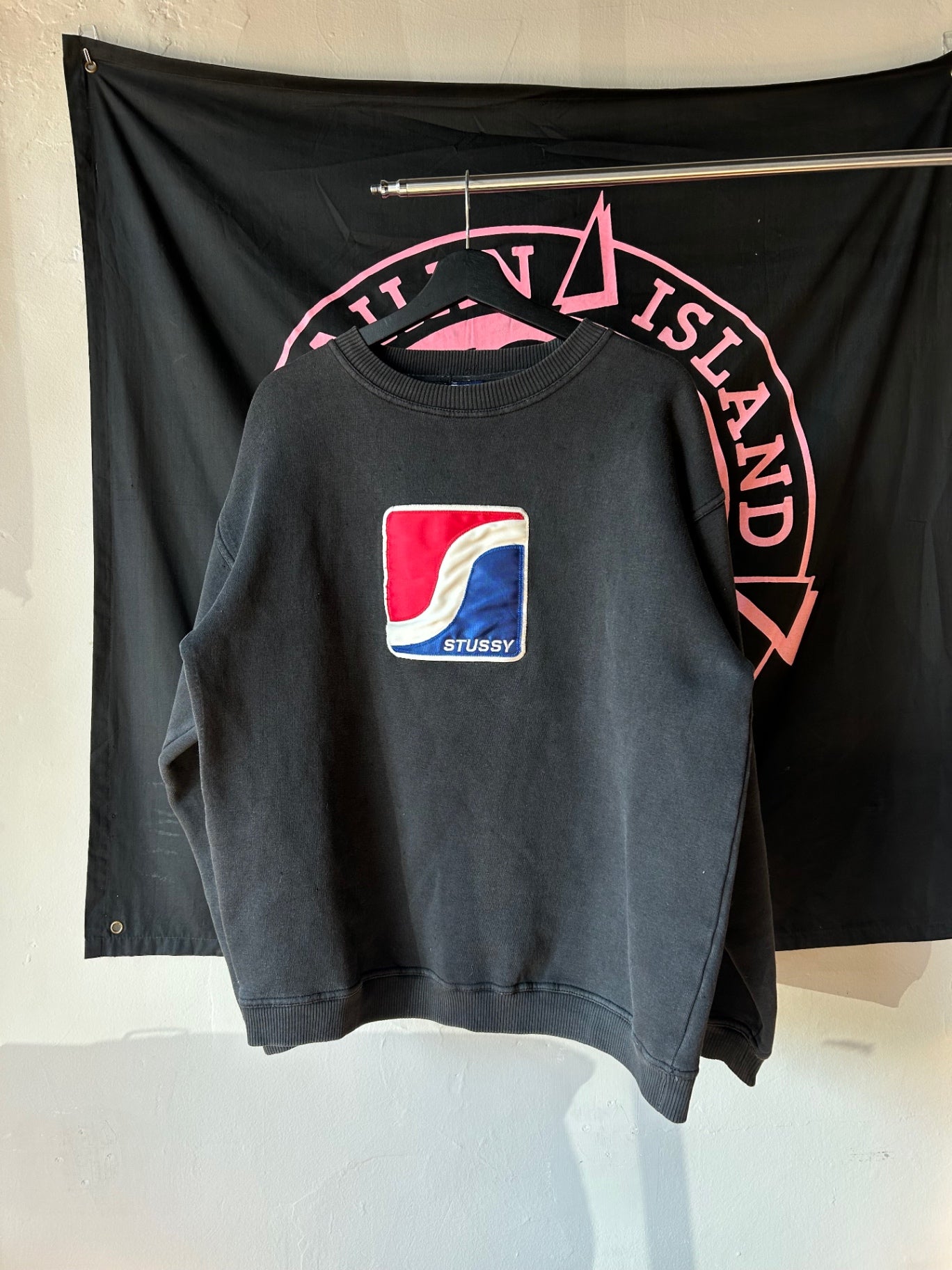 1990s Stussy Pepsi Faded Black Crewneck L