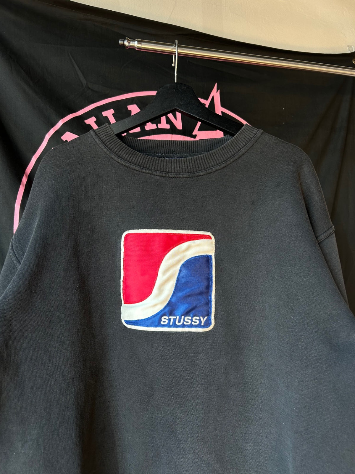 1990s Stussy Pepsi Faded Black Crewneck L