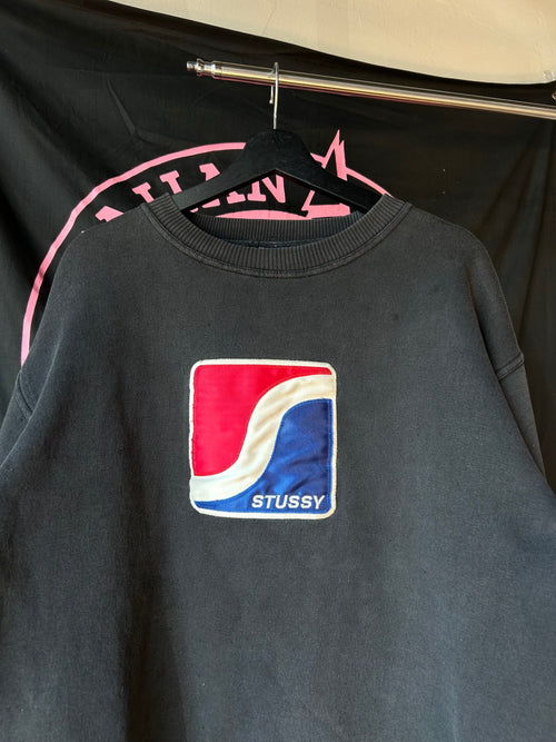 1990s Stussy Pepsi Faded Black Crewneck L