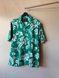 1980s Green Floral Polo Loop Collar Button Up Shirt XL