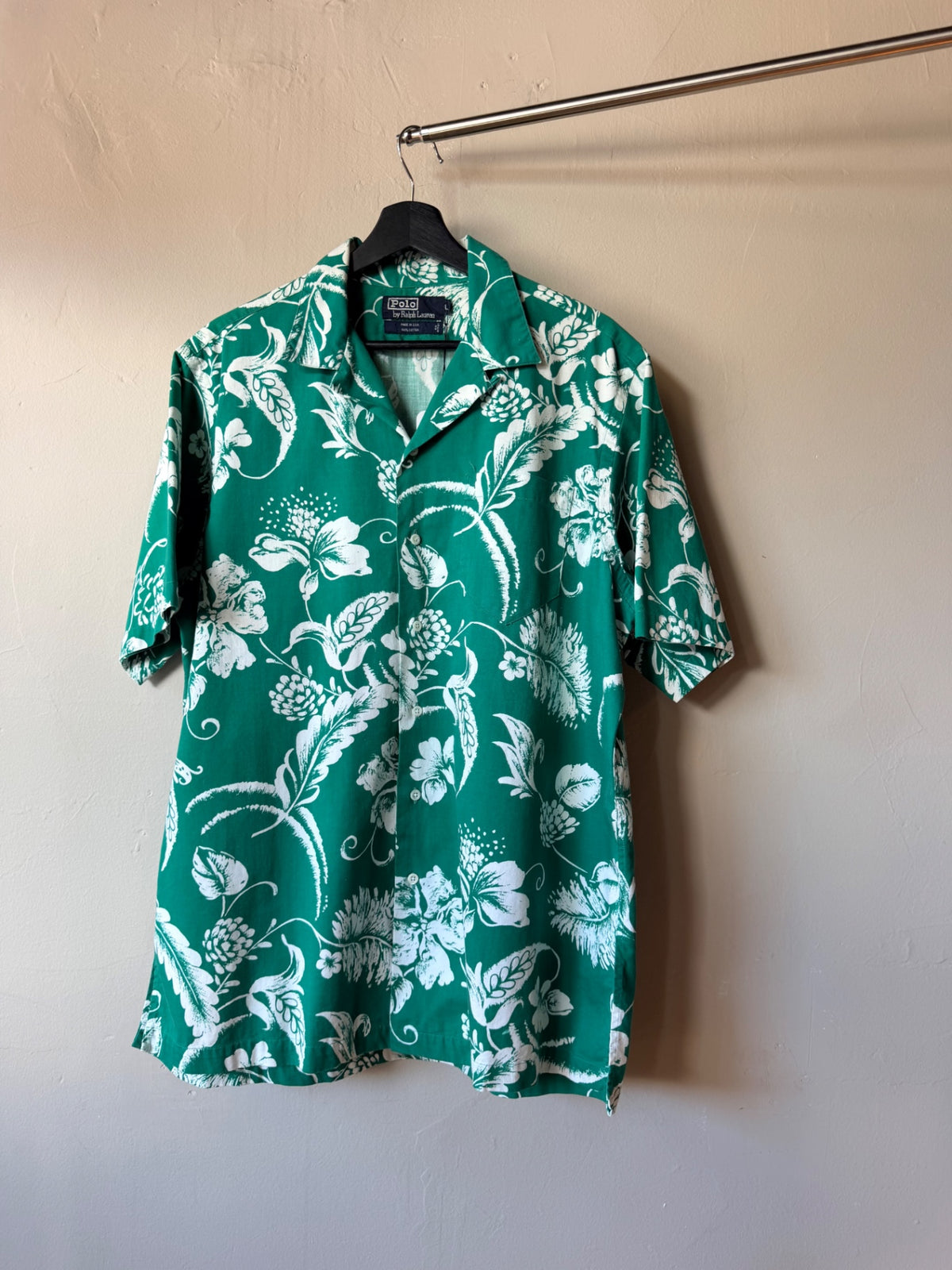 1980s Green Floral Polo Loop Collar Button Up Shirt XL