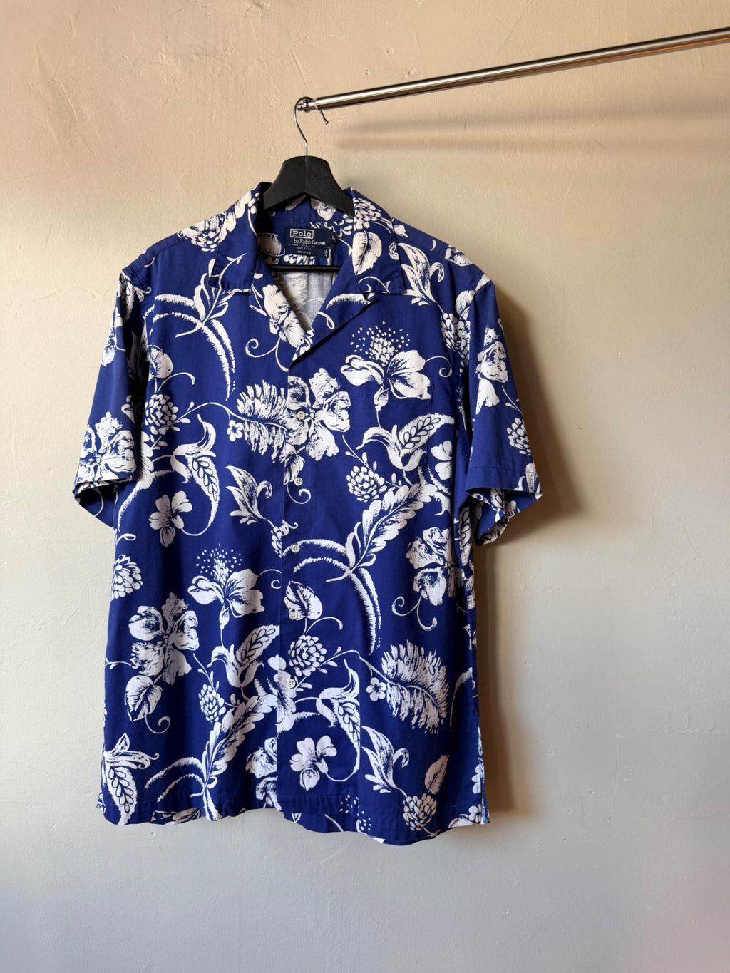 1980s Blue Floral Polo Loop Collar Button Up Shirt XL