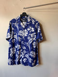 1980s Blue Floral Polo Loop Collar Button Up Shirt XL