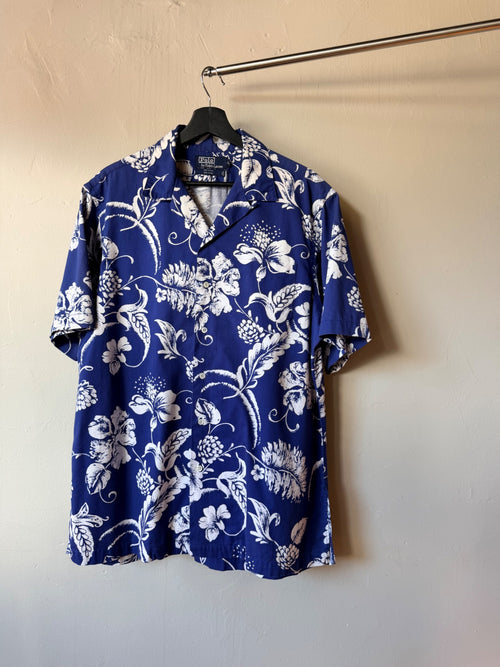 1980s Blue Floral Polo Loop Collar Button Up Shirt XL