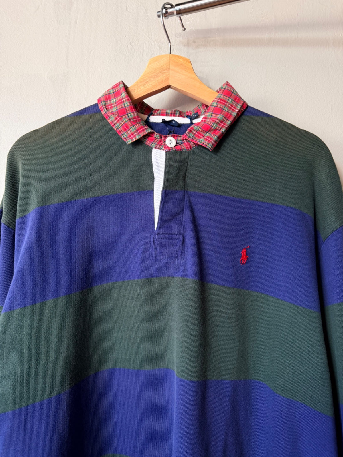 Polo Ralph Lauren Green And Blue Striped Rugby with Plaid Collar L