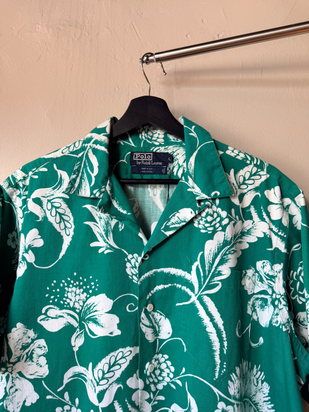 1980s Green Floral Polo Loop Collar Button Up Shirt XL