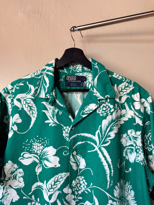 1980s Green Floral Polo Loop Collar Button Up Shirt XL