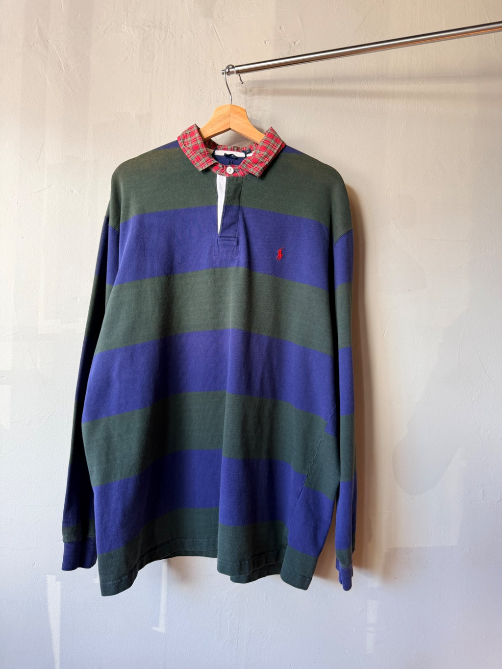 Polo Ralph Lauren Green And Blue Striped Rugby with Plaid Collar L