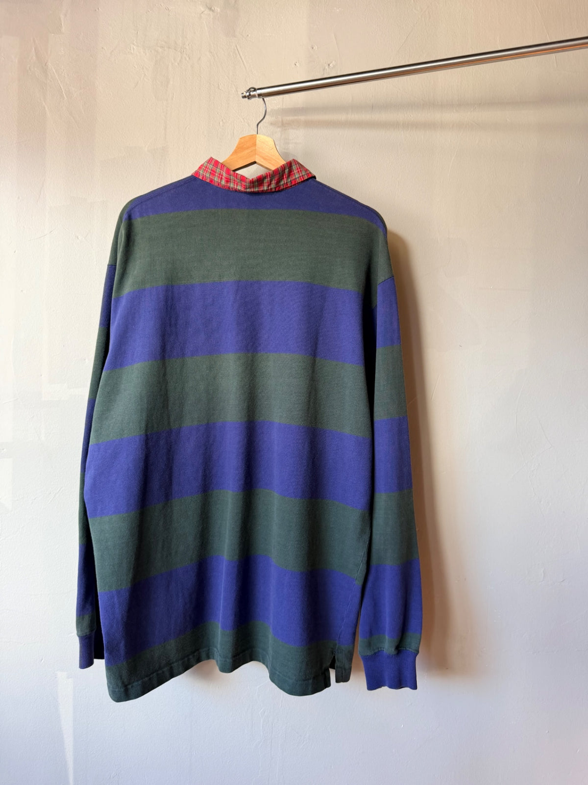 Polo Ralph Lauren Green And Blue Striped Rugby with Plaid Collar L