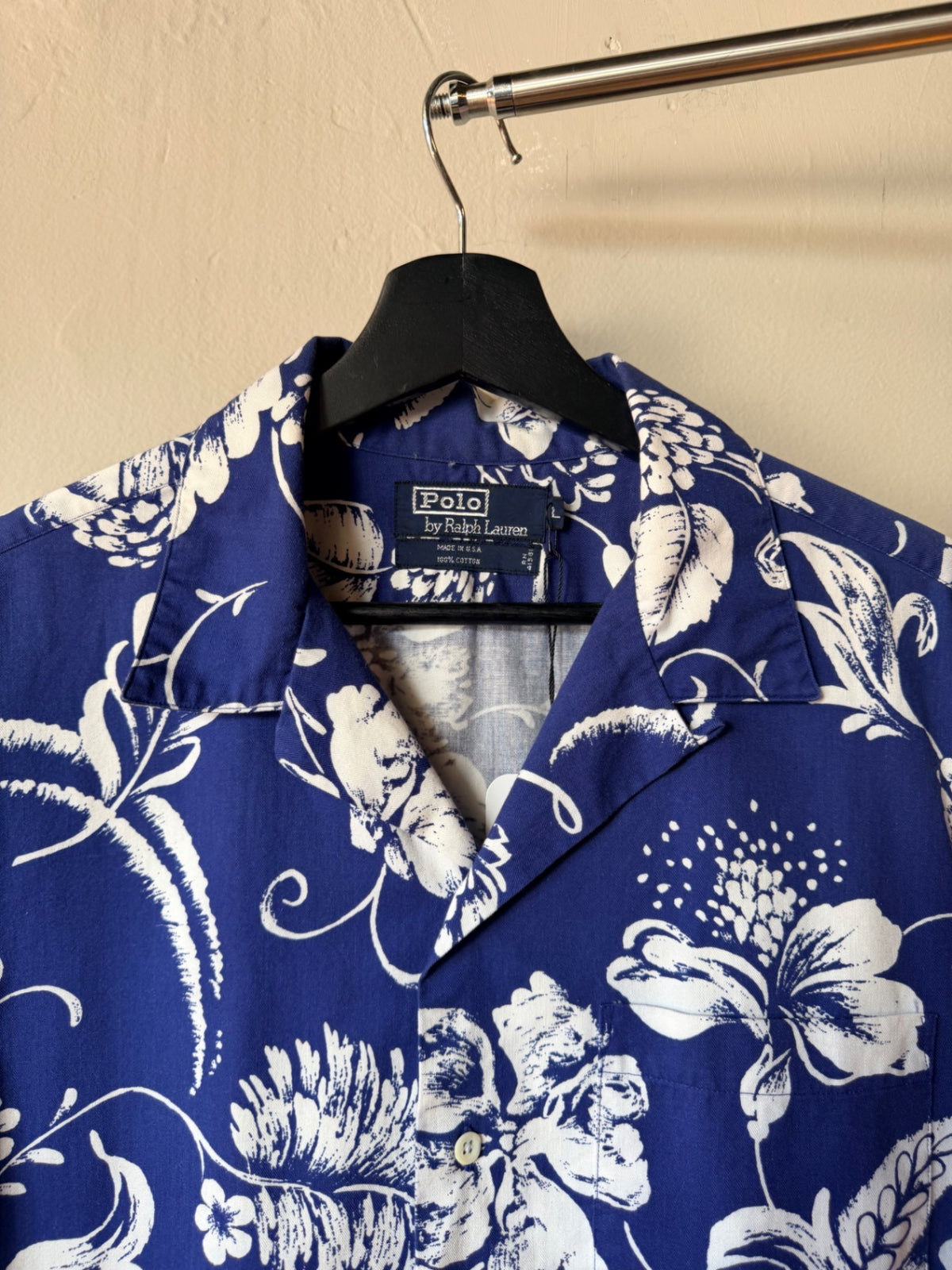1980s Blue Floral Polo Loop Collar Button Up Shirt XL