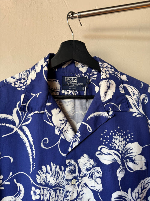 1980s Blue Floral Polo Loop Collar Button Up Shirt XL