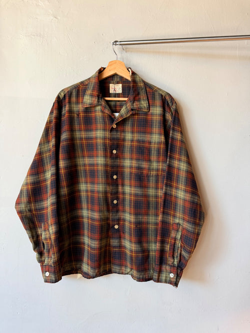 1960s Hathaway Plaid Wool Cotton Loop Collar Flannel Size L