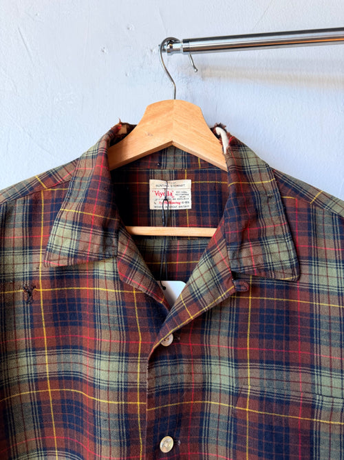 1960s Hathaway Plaid Wool Cotton Loop Collar Flannel Size L