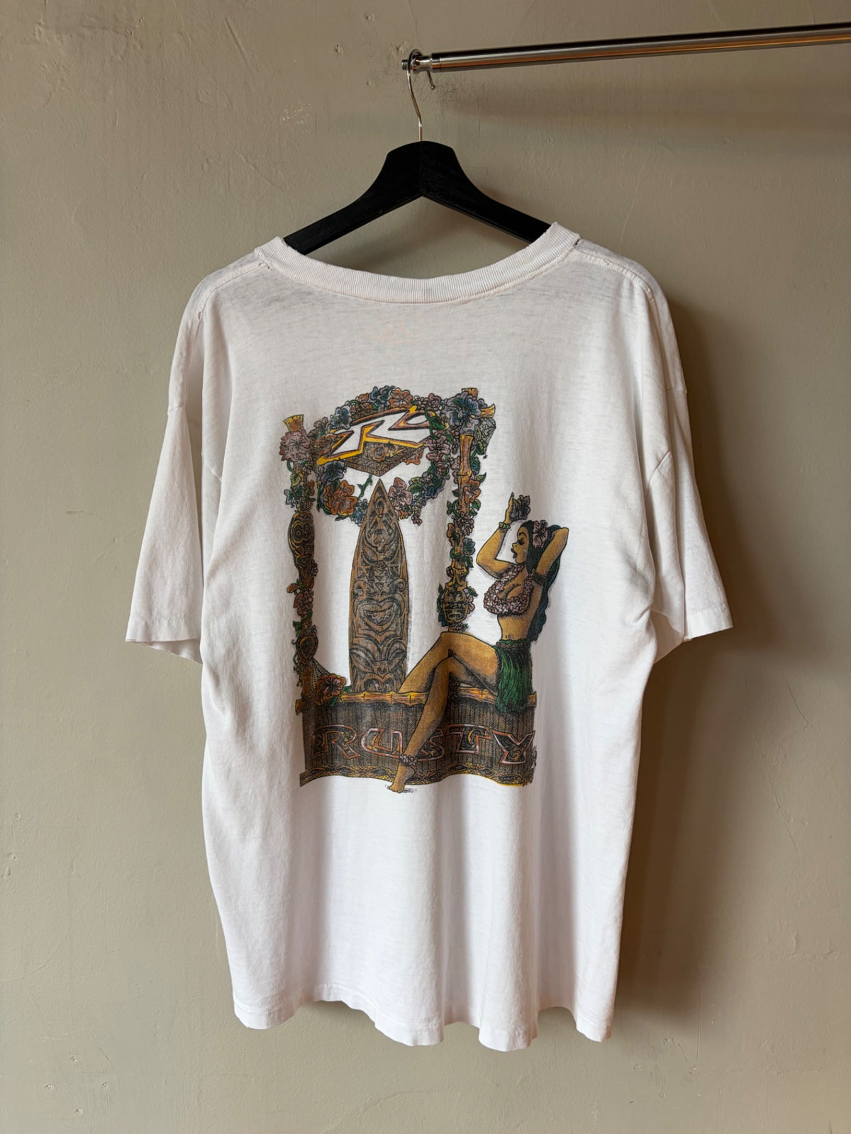 Rusty 1990s Hula Girl White Surf Tee Size XL