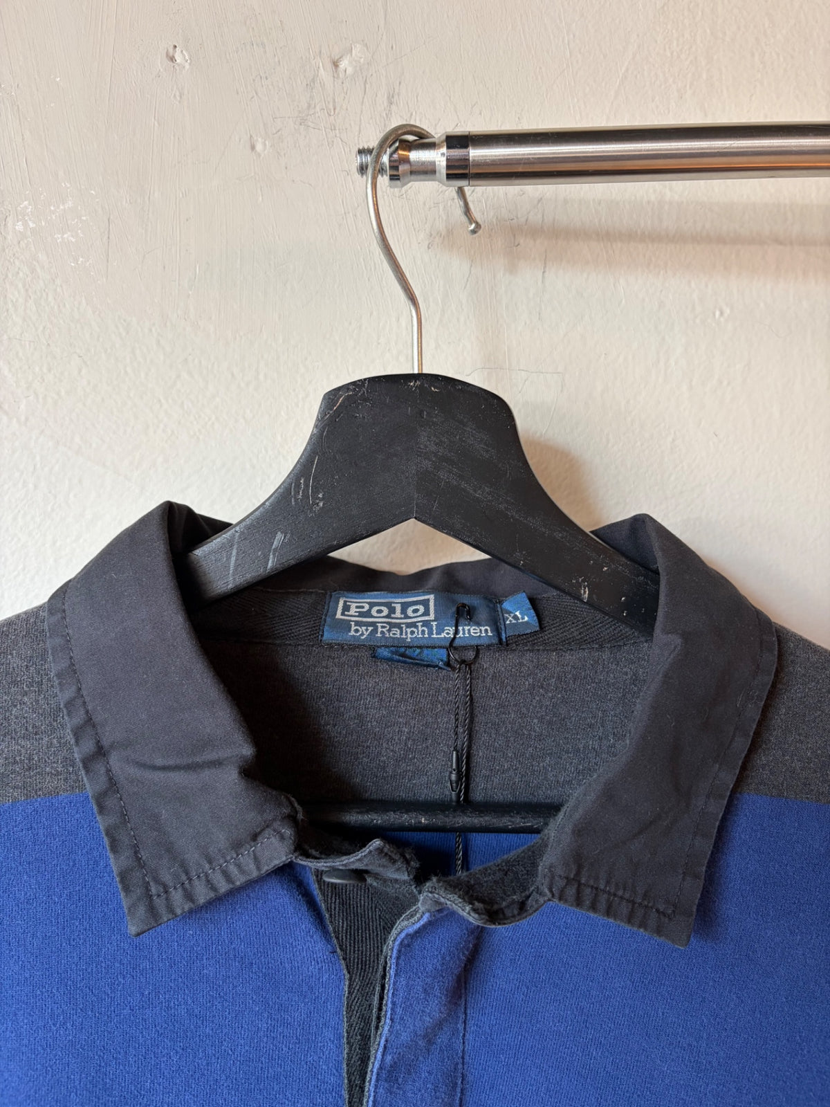 Polo Ralph Lauren Black Collar Blue/ Grey Stripe Rugby Size XL