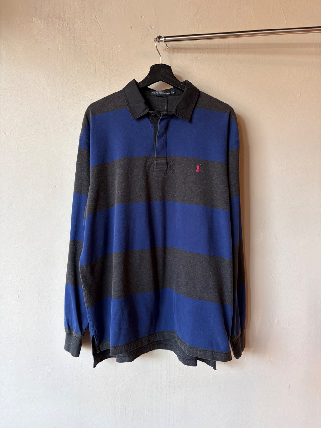 Polo Ralph Lauren Black Collar Blue/ Grey Stripe Rugby Size XL