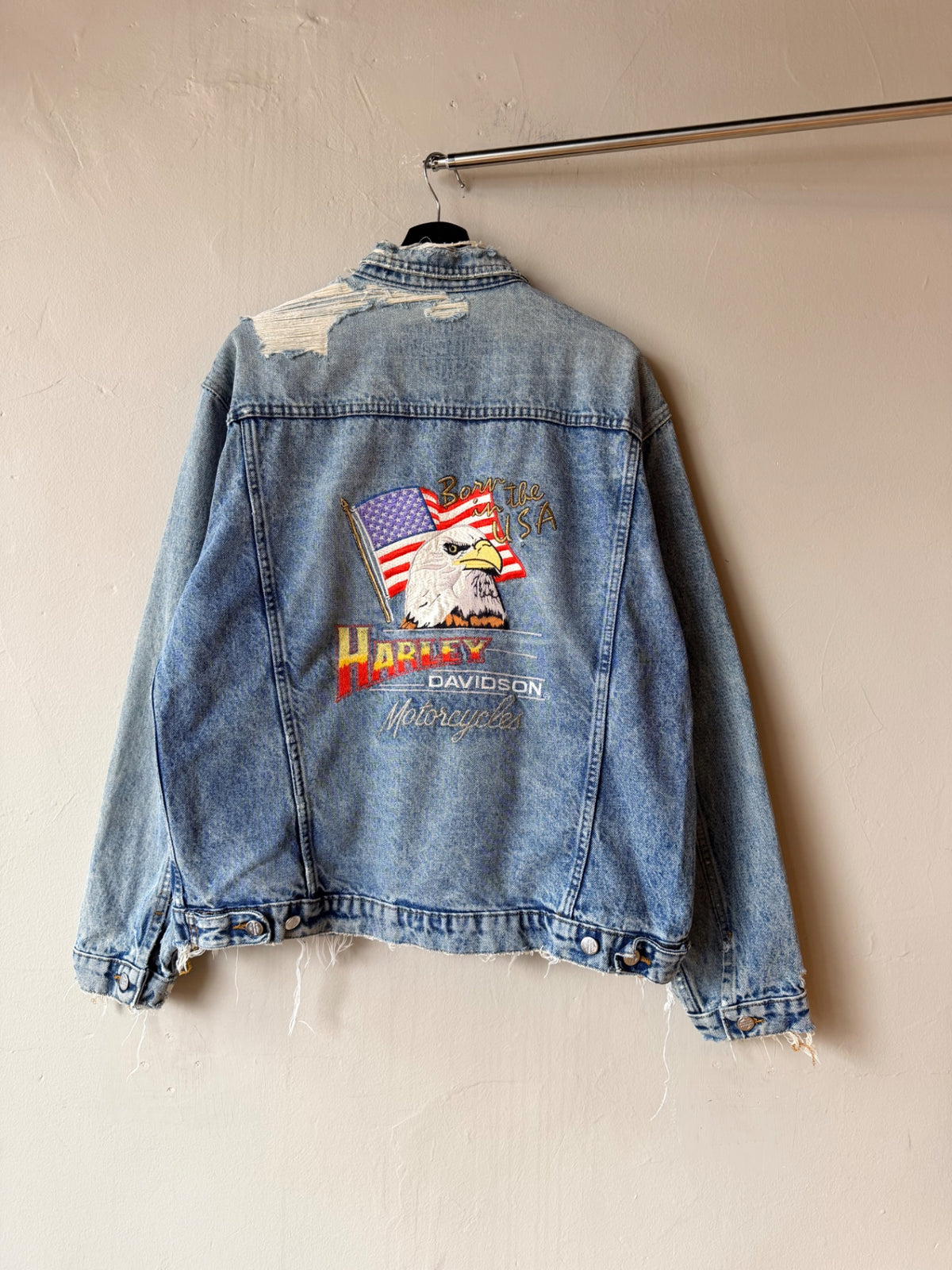 1990s Thrashed Harley Davidson Denim Trucker Jacket Size XL