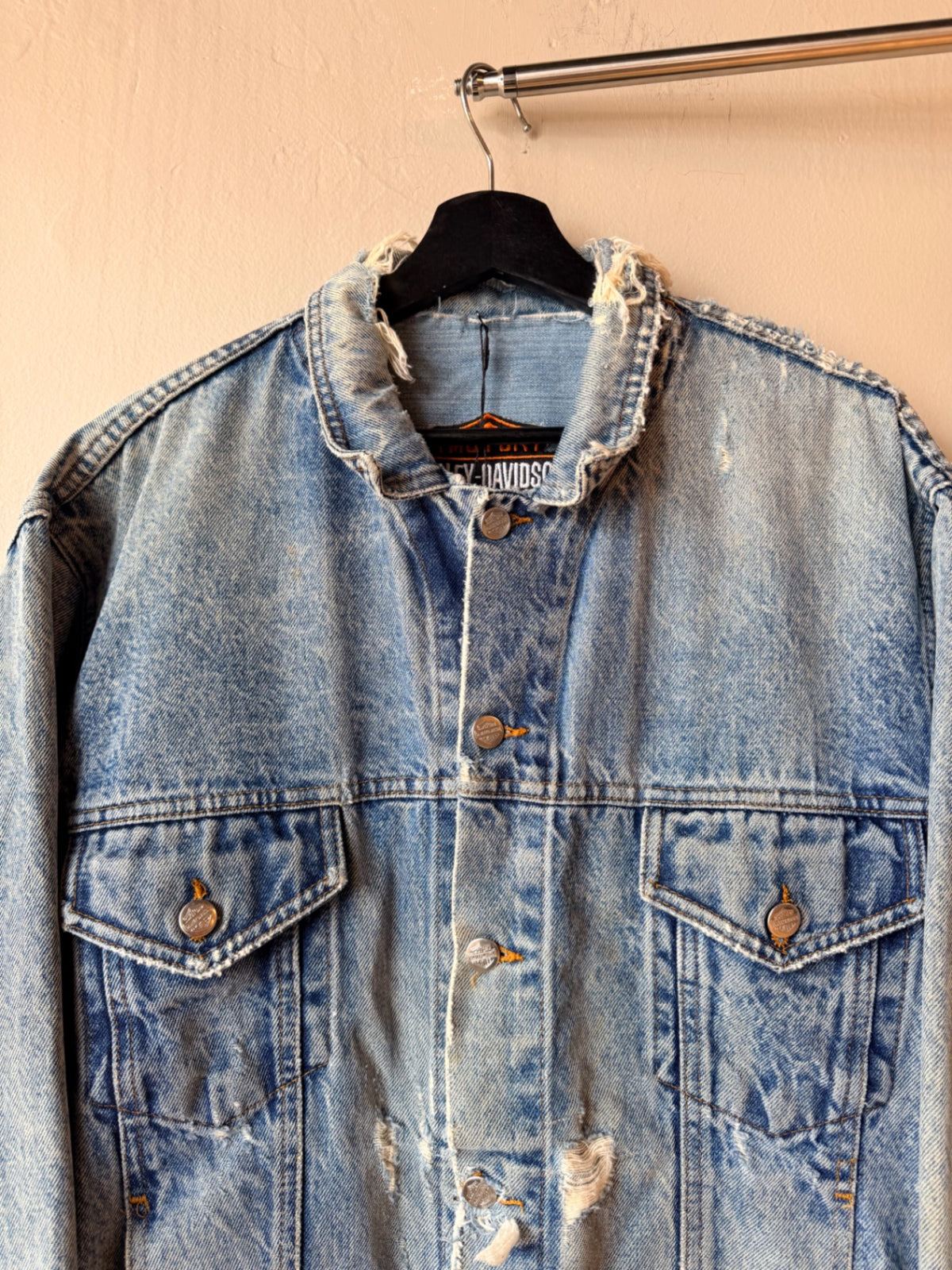 1990s Thrashed Harley Davidson Denim Trucker Jacket Size XL