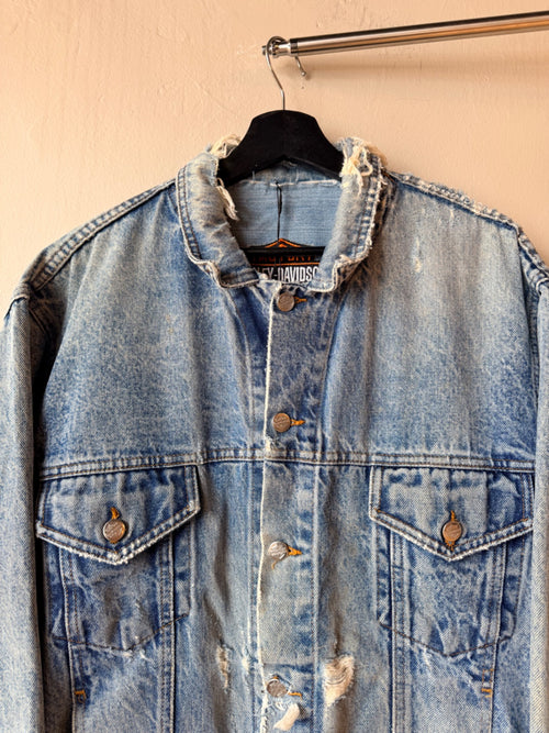 1990s Thrashed Harley Davidson Denim Trucker Jacket Size XL