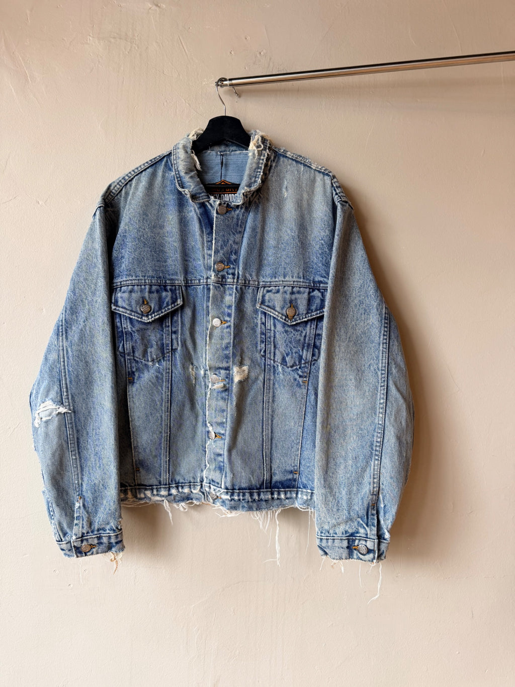 1990s Thrashed Harley Davidson Denim Trucker Jacket Size XL
