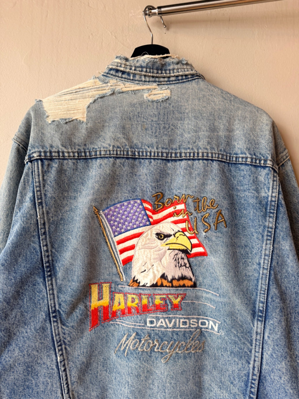 1990s Thrashed Harley Davidson Denim Trucker Jacket Size XL
